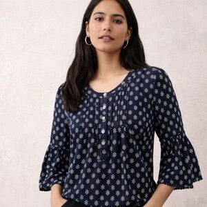 LOFT Navy Printed Peasant Blouse Boho Pintuck Top Bell Sleeve Size S